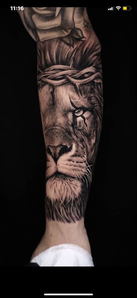 Cool Animal Tattoos, Bible Tattoos, Animal Sleeve Tattoo, Christian Sleeve Tattoo, Lion Tattoo Sleeves, Animal Tattoo Ideas, Gangsta Tattoos, Full Sleeve Tattoo Design, Chest Tattoo Men