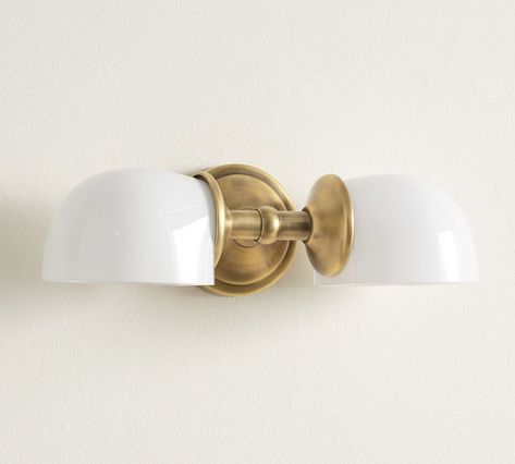 Tumbled Brass Mercer Traditional Horizontal Double Sconce | Pottery Barn Glass Bathroom Accessories, Yellow Bath, Brass Vanity Light, Brass Vanity, Bronze Bathroom, Bathroom Sconces, Widespread Bathroom Faucet, Powder Bath, Glass Bathroom