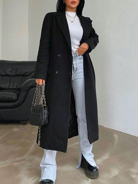 Outfit Noir, Mantel Outfit, September Outfits, Winter Mode Outfits, Double Breasted Overcoat, Fashion Nova Models, Fashion Nova Jeans, Teenager Outfits, Woolen Coat