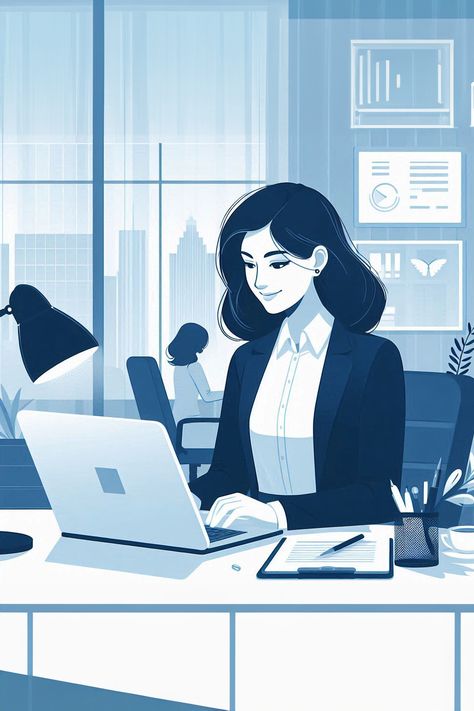 Art illustration of a business woman working in an office in blue tones  #illustration #illustrationwomanworking #illustrationoffice Business Woman Office Working, Woman On Laptop, Laptop Drawing, Working In An Office, A Business Woman, Woman Office, Working Space, Time Art, Illustration Girl