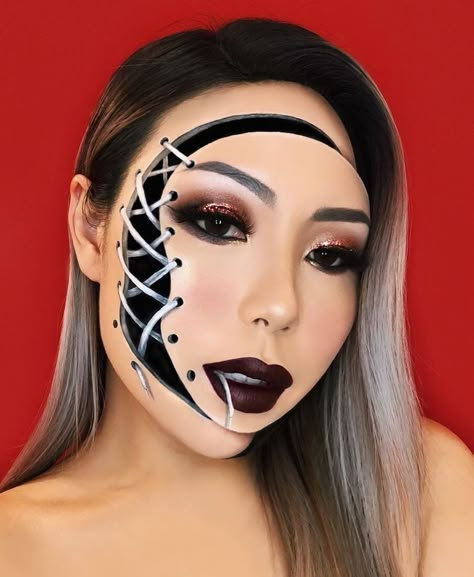 Lace Up. Optical Illusions Body Painting Makeup Effects NO Photoshop. By Mimi Choi. Makeup Illusions, Face Pant, Illusion Makeup, Halloweenský Makeup, Gradient Lips, Holloween Makeup, Creepy Makeup, Creepy Halloween Makeup, Mehron Makeup