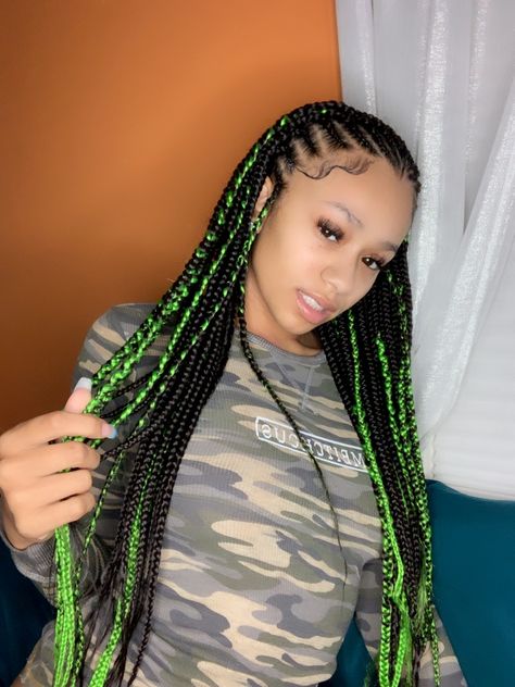 Green braids Green Cornrows Braids, Green Cornrows, Box Braids With Green, Shego Braids, Green And Black Goddess Braids, Green Box Braids With Beads, Black And Green Braids For Black Women, Green Feed In Braids, Green And Yellow Braids