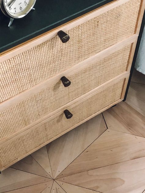 Nightstand Ikea, Cane Nightstand, Nightstand Hack, Ikea Nightstand, Ikea Rast Hack, Diy Nightstand, Cane Furniture, Ikea Furniture Hacks, Ikea Malm