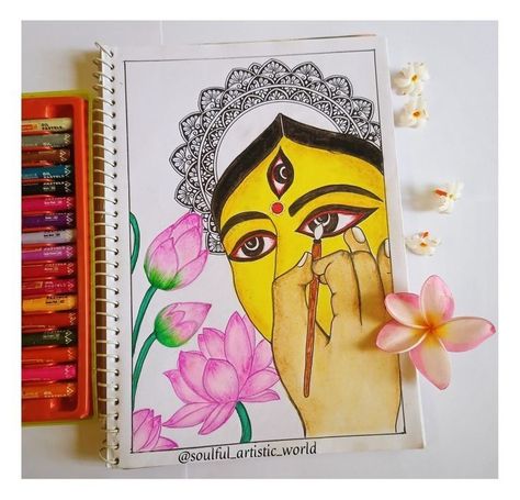 Ma Durga Painting Easy, Durga Maa Easy Drawing, Ma Durga Drawing Easy, Goddess Durga Paintings, Easy Durga Maa Drawing, Durga Maa Paintings Easy, Drawing Of Durga Maa, Ma Durga Mandala Art, Durga Maa Mandala Art