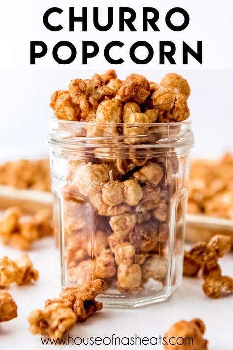 Churro Popcorn Churro Popcorn Seasoning, Cinnamon Popcorn Recipes, Fall Flavored Popcorn, Churro Popcorn, How To Make S’mores Popcorn, Cinnamon Sugar Popcorn, Gourmet Popcorn Recipes, Cinnamon Popcorn, Homemade Churros