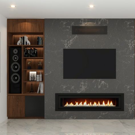 Asymmetrical Fireplace Wall With Tv, Asymmetrical Fireplaces, Tv Wall Design Modern Luxury, Built In Tv Wall Unit, Tv Cabinet Design Modern, Tv Feature Wall, Bespoke Joinery, Luxury Fireplace, Do It Do It