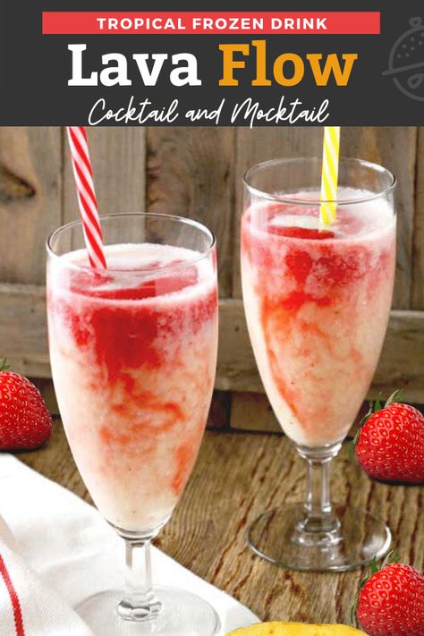 This Lava Flow drink is a delicious and fun tropical cocktail made with pineapple, strawberries and coconut blended into the most refreshing and beautiful frozen drink. This Hawaiian cocktail is like paradise in a glass. Cocktail and mocktail recipes included. #rum #coconutrum #maliburum #strawberries #drinks #cocktail Lava Flow Drink, Hawaiian Cocktails, Kid Friendly Drinks, Cocktail And Mocktail, Lemon Blossoms, Tropical Holiday, Lava Flow, Pineapple Coconut, Tropical Drink