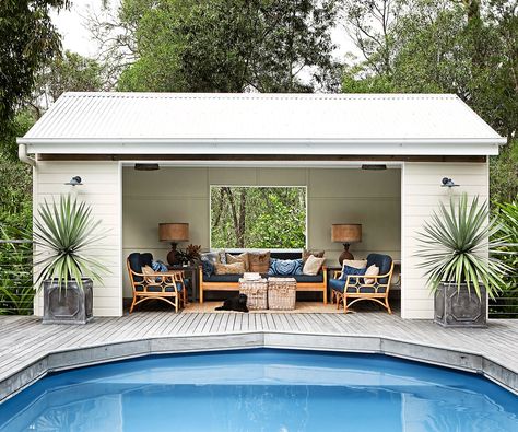 Outdoor rooms that get the balance right:“Many outdoor rooms are under-decorated. I love fabrics, layers and textures for these spaces,” says Brisbane decorator Angela Antelme of [Ascot Living](http://www.ascotliving.com.au/?utm_campaign=supplier|target="_blank"), whose own pool house shown here is furnished with comfortable lounge chairs, oodles of cushions and lamps, with a focus on natural fabrics and fibres. Pool Aesthetics, Timber Pavilion, Backyard Pool House, Patio Paradise, Pool House Shed, Pools Design, Pool Makeover, Pool Gazebo, Kleiner Pool Design