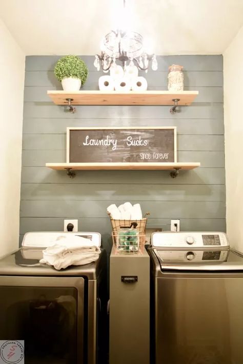 Wall Laundry Room, Shiplap Feature Wall, Farm House Laundry Room, Laundry Closet Makeover, Laundry Room Update, Faux Brick Panels, Room Storage Diy, Laundry Room Renovation, Home Office Inspiration