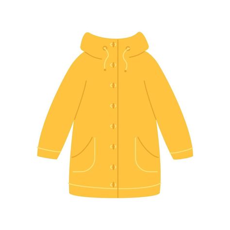 Bright yellow raincoat with hood on white background. Protection from rain and wind. Clothing for weather. Spring, autumn, demi-season waterproof clothes. Vector illustration Raincoat Illustration, Yellow Raincoat Drawing, Waterproof Clothes, Casual Long Sleeve Yellow Raincoat, Casual Yellow Waterproof Raincoat, Yellow Rain Coat Aesthetic, Cheap Yellow Hooded Raincoat, Raincoat With Hood, Yellow Raincoat