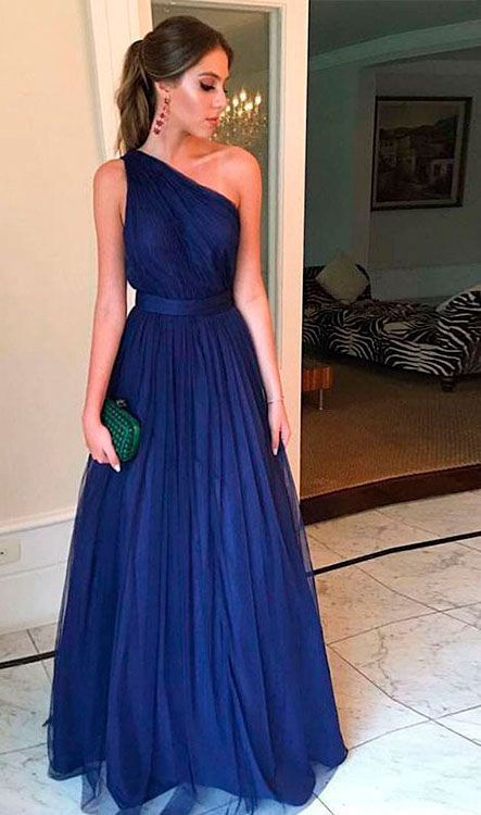 12 Erros ao se vestir para um casamento(convidada) - Simple Evening Dress, Cheap Prom Dresses Long, Prom Dresses Simple, One Shoulder Prom Dress, Simple Bridesmaid Dresses, Blue Tulle, Dress Simple, Tulle Prom Dress, Long Prom Dress