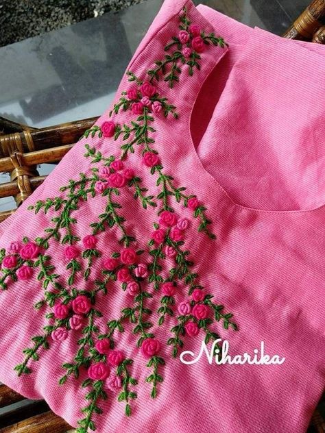 ribbon embroidery ideas for dresses https://youtu.be/q1JRQxuj6aA?si=YB3joqakDHmG-Fan Kurtis Patterns, Bullion Rose, Flowers Embroidery Pattern, Maggam Designs, Design Kurti, Cutwork Blouse, Simple Hand Embroidery Patterns, Hand Embroidery Dress, Kutch Work