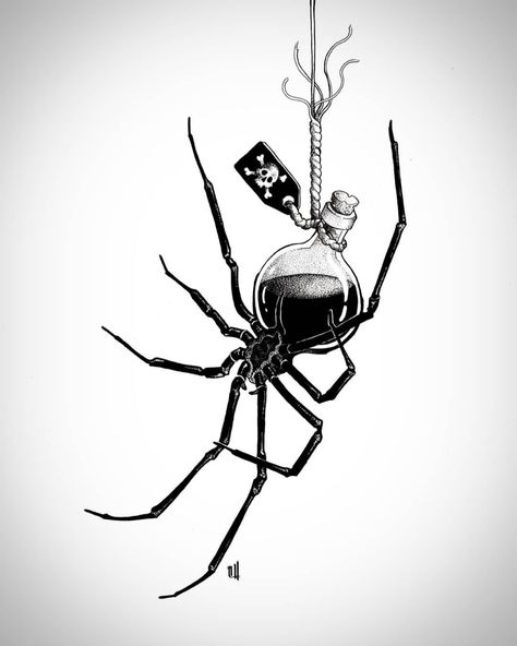 Out of Step Books & Gallery | Revisiting this rad #spider #poison #illustration by @wrongsideart who has a fantastic portfolio full of outstanding #illustrations and… | Instagram Poison Drawings, Spider Illustration, Spider Drawing, Bottle Tattoo, Simple Tattoo Designs, Support Art, Spider Art, Occult Art, Dark Art Illustrations