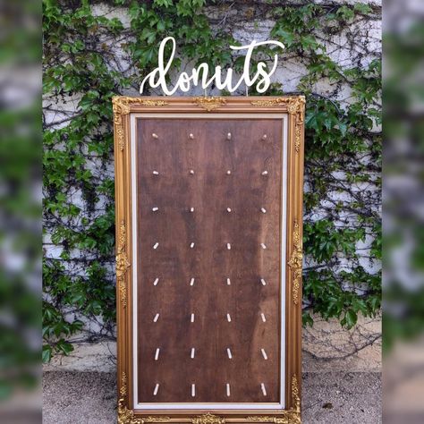 Love our donuts sign with this framed  display wall!  www.ngocreations.com #donut #donuts #wedding #dessert #ideas #wall #sign #wood #rustic #ngocreations #etsy #unique #display Diy Wedding Signs Wood, Diy Wedding Desserts, Donut Board, Wedding Dessert Table Decor, Donut Signs, Wedding Table Display, Wood Wedding Signs Rustic, Donut Display, Dessert Table Sign