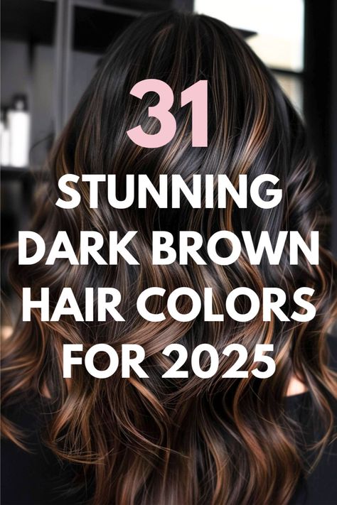 Dark brown wavy hair with subtle caramel highlights. Fall Dark Brown Hair, Lowlights Dark Brown Hair, Natural Caramel Highlights, Dark Brown Hair Color Ideas Fall, Hair Color Ideas Spring, Fall Brunettes, Fall Lowlights, Hair Color With Dimension, Hair Color Ideas Winter