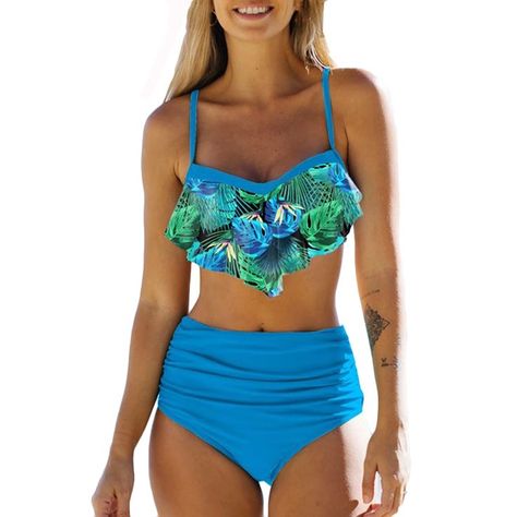 2021 New Sexy Female Swimsuit Vintage Women Ruffle Hanging Neck Halter Sexy Split High Waist Bikini Swimsuit Brazilian Biquini High Waisted Bathing Suits, Vintage Swimsuits, Ruffle Swimsuit, Summer Style Casual, Tropical Print, Push Up, Open Back, Ruffles, High Waist