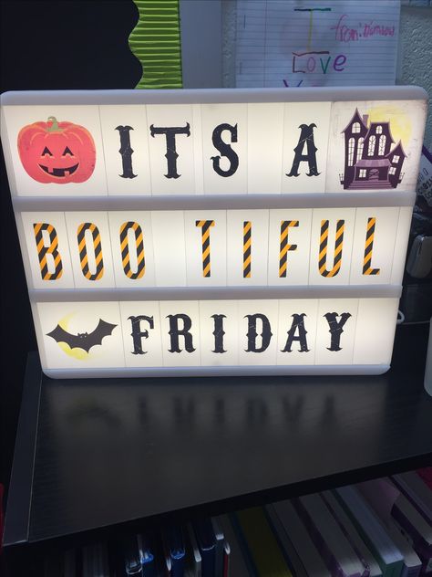 Halloween Lightbox Idea - Classroom Halloween Light Box Ideas, Lightbox Quotes Inspiration, Lightboard Ideas, Cinema Light Box Quotes, Light Up Message Board, Lightbox Quotes, Spooky Bedroom, Box Quotes, Cinema Box