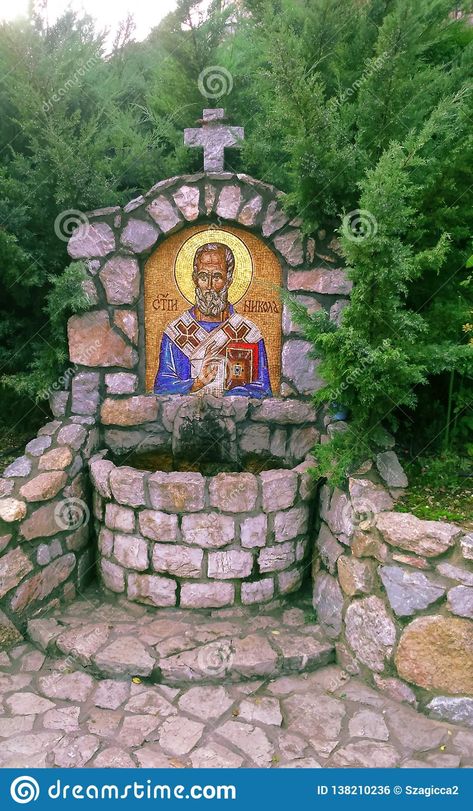 Orthodox Outdoor Shrine, St Nicolas, Serbia, Stone Carving, Bird Bath, Entrance, Faucet, Photo Image, Stock Photos