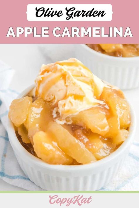 Olive Garden Apple Carmelina is a delicious dessert with spiced apples and buttery sweet topping. Get the easy copycat recipe and find out how to make apple carmelina at home. Serve this apple dessert with a scoop of ice cream and drizzle of caramel sauce. If you enjoy apple cobbler, this recipe is for you! Restaurant Foods, Copycat Olive Garden, Low Fat Desserts, Olive Garden Recipes, Apple Cobbler, Apple Dessert, Copykat Recipes, Copycat Restaurant Recipes, Olive Gardens