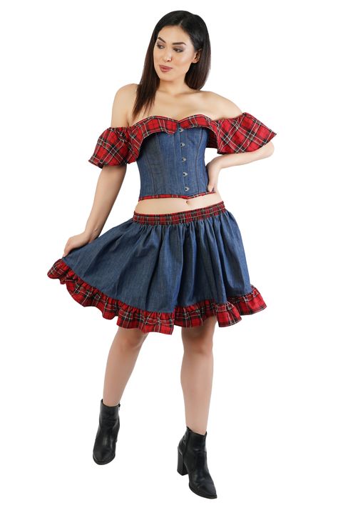 Blue Denim Flannel Cotton Halloween Costume Off Shoulder High Waist Trainer Overbust Corset Top Halloween Corset, Off Shoulder Corset, Bastille Day, Women Waist, Scottish Plaid, Overbust Corset, Denim And Lace, Halloween Sale, Bastille