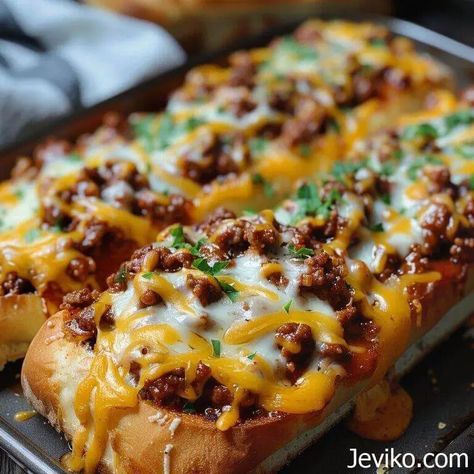 Cheesy Sloppy Joe Garlic Bread Sloppy Joe Bake, Husband Casserole, Spicy Sloppy Joes, Hobo Casserole, Cheesy Sloppy Joes, Sausage Sauerkraut, Mexican Cornbread, Cherry Delight, Polish Sausage