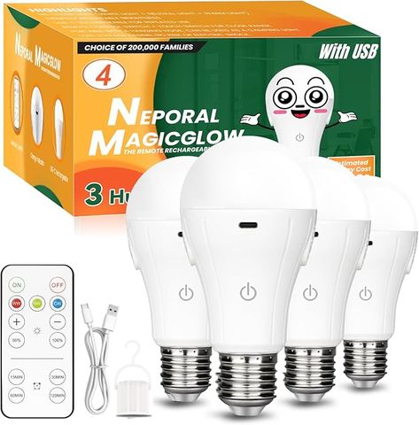 Neporal MagicGlow USB Rechargeable Light Bulbs with Remote, 3-Color Shift + 10%-100% Dimmable, Up to 20 Hours Battery Powered Light Bulb, 15W A19 LED Rechargeable Light Bulbs for Lamps with No Outlet - Amazon.com Rechargeable Light Bulb, Battery Powered Light, Rechargeable Light, Light Bulbs, Light Bulb, Outlet, Lamps, The 100, Led