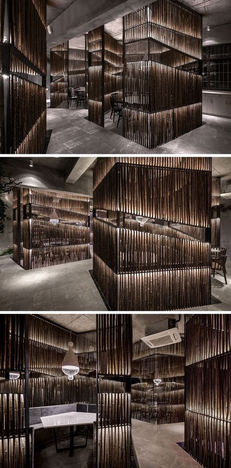 Bamboo has been heavily used throughout this modern restaurant. In the dining areas, bamboo is used to create private spaces for small groups. #ModernRestaurant #Bamboo #RestaurantDesign Chinese Screen, Modern Restaurant Design, Lake House Interior, Hospital Interior Design, Restaurant Lounge, Modern Restaurant, Small Bedroom Decor, Bar Interior, Modern Chinese