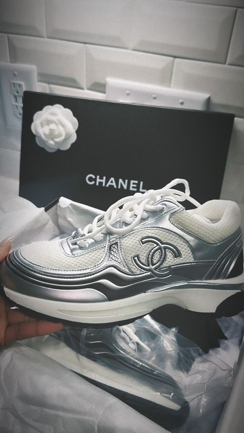 Chanel, chanel shoes, shoes, silver, girl shoes, trendy, lifestyle, influncer, streetwear Chanel Shoes Aesthetic, Chanel Runners, Trendy Lifestyle, Shoes Trendy, Shoes Outfit Fashion, Shoes Silver, Chanel Chanel, Kinds Of Shoes, Silver Shoes