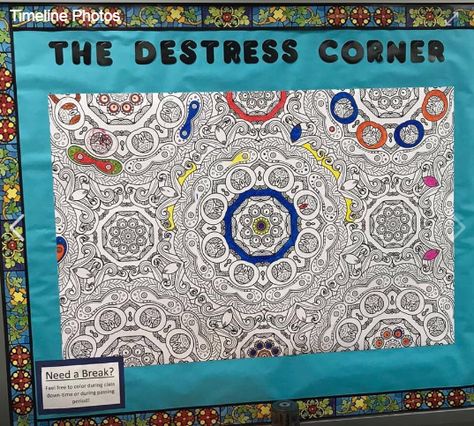 Destress corner Middle School Counseling Office Decor, Calm Down Corner Middle School, Inspirational Bulletin Boards For School Hallways, Counselor Classroom Decor, Breakroom Decor Ideas, Breakroom Ideas Work, Staff Bulletin Board Ideas, Counselor Classroom, High School Classroom Decor