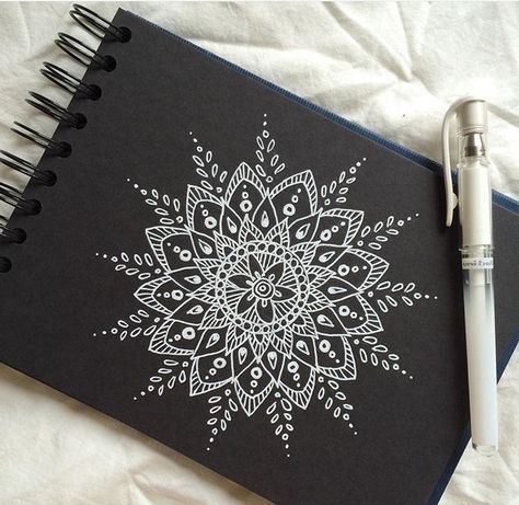 White Mandala sketch on Black Canvas Mandala White On Black, Mandala Drawing Black And White, White On Black Mandala, Black Canvas Mandala Art, Boho Mandala Tattoo, Black Canvas Drawings, White On Black Doodles, White Pen Art On Black Paper Mandala, Mandala On Black Canvas