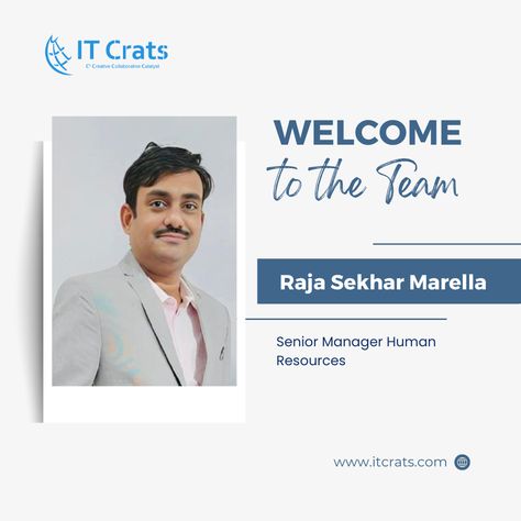 We would like to welcome Raja Sekhar Marella to the team as our new Senior Manager of Human Resources! Raja Sekhar Marella is a highly accomplished MBA graduate with extensive experience in HR Operations. Welcome to #ITCrats Family! #welcome #welcometotheteam #welcomeonboard #teambuilding #teamculture #teambonding #teamdevelopment #team #employee #employeeexperience #welcometothefamily #welcomepost #welcome Hr Social Media Post, Welcome To The Team Design, Welcome On Board Employee, Employee Welcome Post, Welcome Poster Ideas, New Employee Welcome Ideas, Welcome New Employee, Welcome To Our Team, Senior Manager