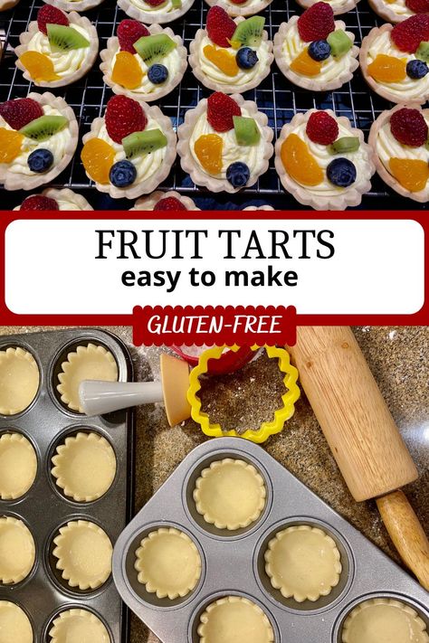 Fruit Tart Gluten Free, Fruit Tart Cups, Gf Fruit Tart, Gluten Free Fruit Tart Recipes, Small Fruit Tarts, Gluten Free Jam Tarts, Gluten Free Cookie Cups, Mini Fruit Tart Recipe Easy, Gluten Free Tartlets