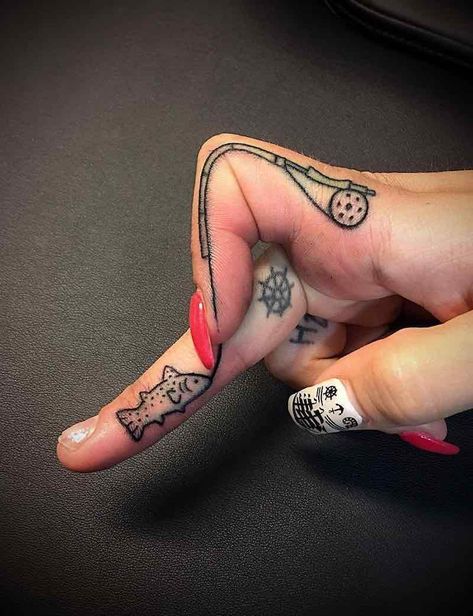 Finger Tattoos - Tattoo Insider Fishing Hook Tattoo, Fishing Tattoo, Hook Tattoos, Cowgirl Tattoos, Cute Finger Tattoos, Cowboy Tattoos, Country Tattoos, Hand And Finger Tattoos, Western Tattoos