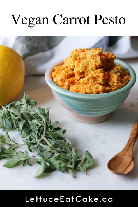 A fresh and bright tasting Vegan Carrot Pesto, made of carrots, garlic, nutritional yeast, oregano, lemon and olive oil. My Vegan Carrot Pesto has a very light crunch with a savoury and earthy yet slightly sweet aroma. The nutritional yeast gives a hint of nutty cheesiness like a traditional pesto alla Genovese would have. Visit https://lettuceeatcake.ca/ for more recipes Gluten Free Pesto, Lemon Pesto, Vegan Condiments, Nutritional Yeast, Vegan Eating, Vegan Recipes Easy, Vegan Paleo, Easy Vegan, Gluten Free Vegetarian