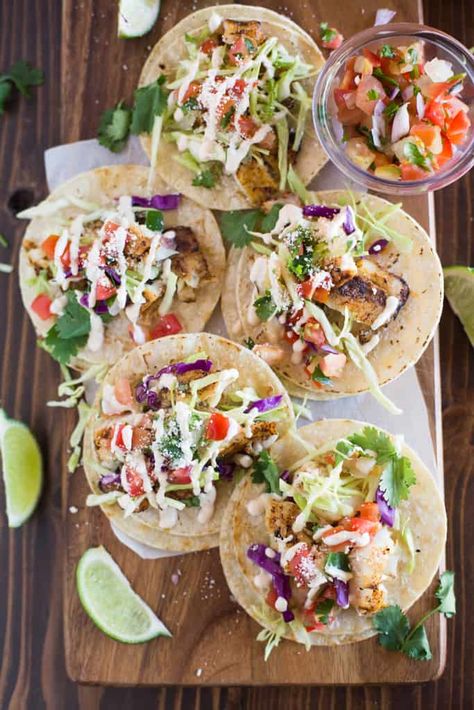 Halibut Fish Tacos, Halibut Tacos, Homemade White Sauce, Healthy Grilled, Grilled Fish Tacos, Grilled Halibut, Grilled Fish Recipes, Grilled Taco, Tastes Better From Scratch