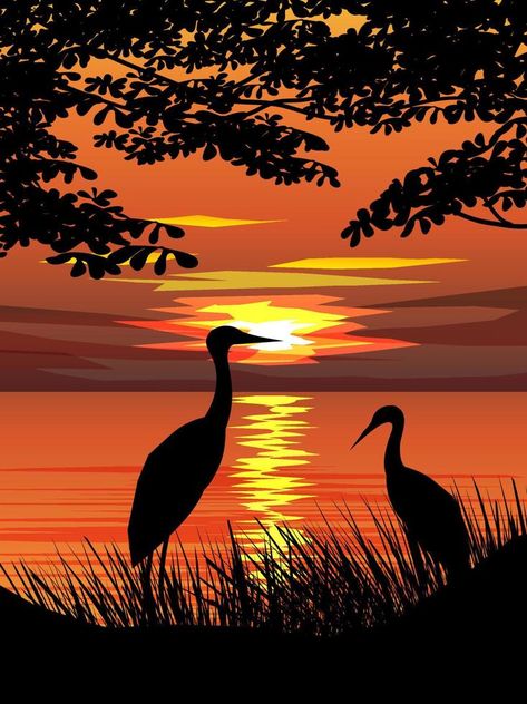 Golden sunset at lake with heron in silhouette Sun Set Drawing Easy, Sunsets Paintings, Sunset Silhouette Painting, Art Knowledge, Paint Frame, Animal Photography Wildlife, Mailbox Ideas, Wildlife Painting, Watercolour Ideas