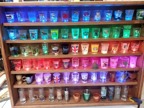 Picture of Illuminated Shot Glass Shelf Shot Glass Shelf, Shot Glass Collection, Shot Glasses Display, Shot Glass Holder, Glass Display Case, Glass Display, Glass Shelf, Fun Shots, Color Changing Led