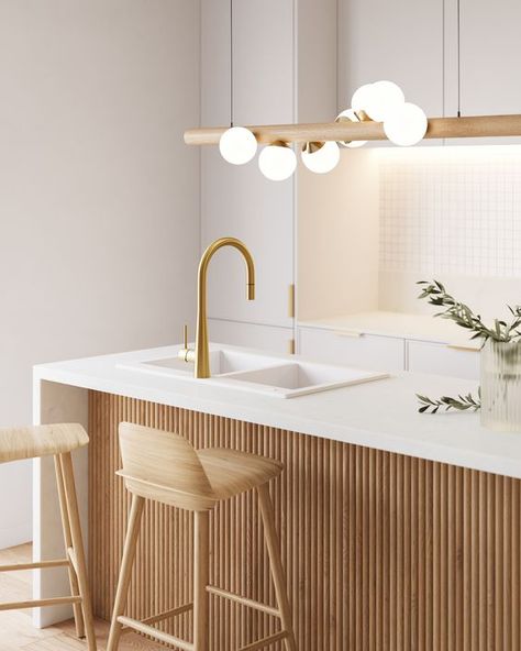 Clean white and finished with gold. Japandi Kitchen, Coastal Kitchen Design, Timber Kitchen, Casa Clean, Gold Kitchen, White Sink, Coastal Kitchen, House Design Kitchen, Kitchen Room Design