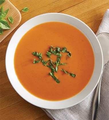 CREAMY TOMATO BASIL SOUP MADE WITH CAMPBELL’S® CONDENSED TOMATO SOUP - Campbells Food Service Tomato Basil Soup Recipe, Creamy Tomato Basil Soup, Condensed Tomato Soup, Chicken Korma, Basil Soup, Sausage Casserole, Tomato Basil Soup, Campbell Soup, Soup Season