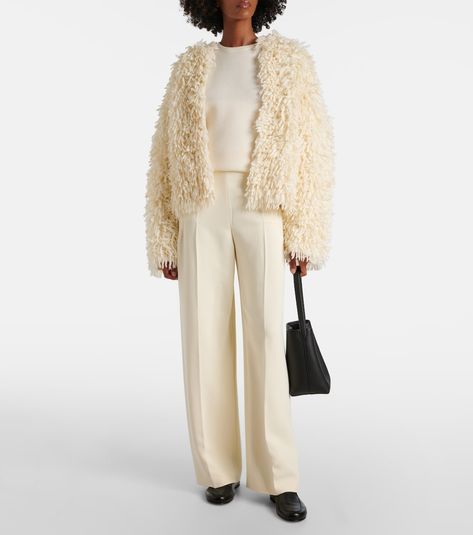 Van fringed wool-blend jacket in white - Fforme | Mytheresa Winter Cream Outerwear With Fringe, Luxury Fringe Outerwear For Women, Luxury Wool Outerwear With Fringe, Luxury Beige Faux Fur Outerwear, Luxury Beige Shearling Outerwear, Wool Blend Jacket, Vans Shop, Faux Fur Jacket, Straight Pants