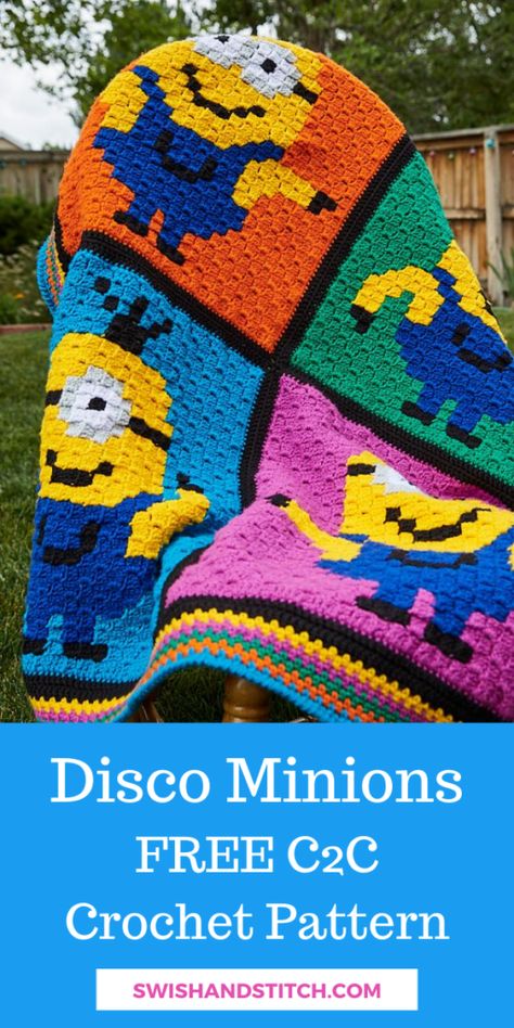 Minion Crochet Patterns, Crochet Kids Blanket, Corner To Corner Crochet Pattern, Minion Pattern, Crochet C2c Pattern, Crochet Baby Mobiles, C2c Crochet Pattern Free, Happy Dancing, C2c Crochet Blanket