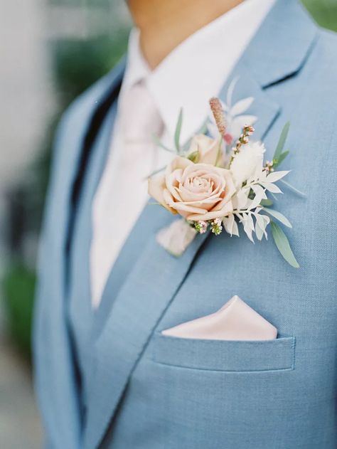 Blue Wedding Suit Groom, Pastel Wedding Colors, Blue And Blush Wedding, Groom And Groomsmen Suits, Light Blue Suit, Flower Boutonniere, Light Pink Wedding, Blue Suit Wedding, Blue Wedding Inspiration