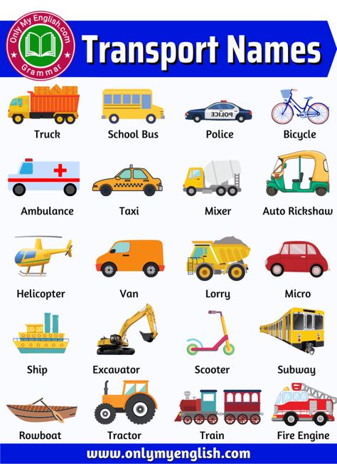 Transport Names List, Means of Transport Name Means Of Transport, Means Of Transport Chart, Transport Pictures, Transportation For Kids, Truck Names, General Knowledge Book, Transportation Preschool, Good Vocabulary Words, Good Vocabulary