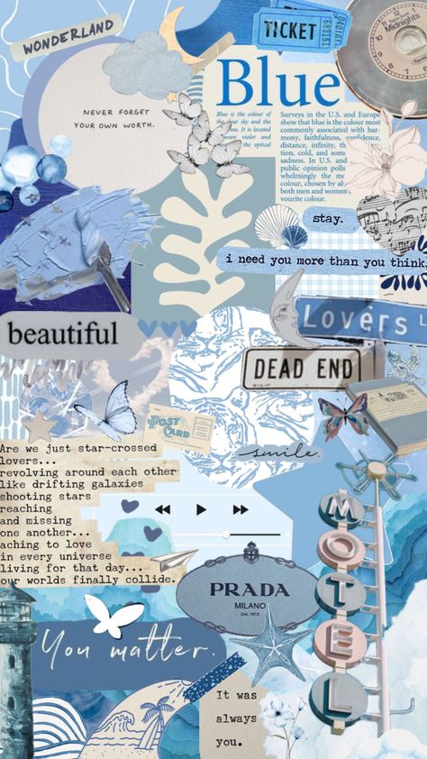 #blueaesthetic #blue #quotes #babyblue #myfirstshuffle Blue Atheistic, Postcard Aesthetic, Blue Collage, Blue Quotes, Cute Summer Wallpapers, Cute Blue Wallpaper, Book Wallpaper, Summer Wallpaper, Aesthetic Collage