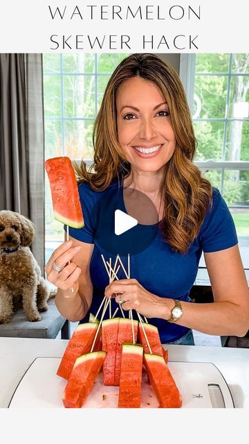 Watermelon Caprese Skewers, Watermelon Mozzarella Skewers, Fun Ways To Serve Watermelon, Watermelon Hors D'oeuvres, Watermelon Skewers, Skewer Appetizers Cold Fruit, Fruit Skewer, Janine Graff, Watermelon Hacks