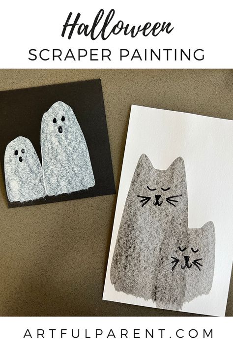 Black Cat Crafts For Kids, Halloween Process Art, Scraper Painting, Halloween Cat Crafts, Halloween Elementary, Halloween Art Lessons, Adaptive Art, Halloween Arts, Halloween Art Projects