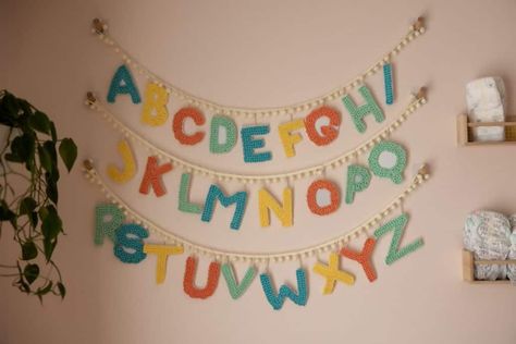 Crochet Bunting Free Pattern, Crochet Alphabet Letters, Classroom Bunting, Crochet Letters Pattern, Crochet Numbers, Letter Garland, Bunting Pattern, Crochet Alphabet, Crochet Letters