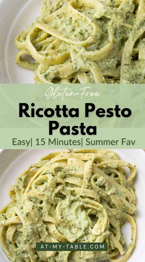 Ready in just 15 minutes, this easy gluten-free ricotta pesto pasta is the perfect dish for a quick, delicious summer meal. The ultimate easy weeknight dinner recipe the entire family can enjoy. Full recipe on AtMyTable. Gluten Free Pasta Recipes For Dinner, Ricotta And Pesto Recipes, Pesto And Ricotta Pasta, Gf Italian Recipes, Gluten Free Summer Meals, Pesto Ricotta Pasta, Pesto Recipes Dinner Healthy, Pesto Dinner Ideas, Pasta Ricotta Recipes