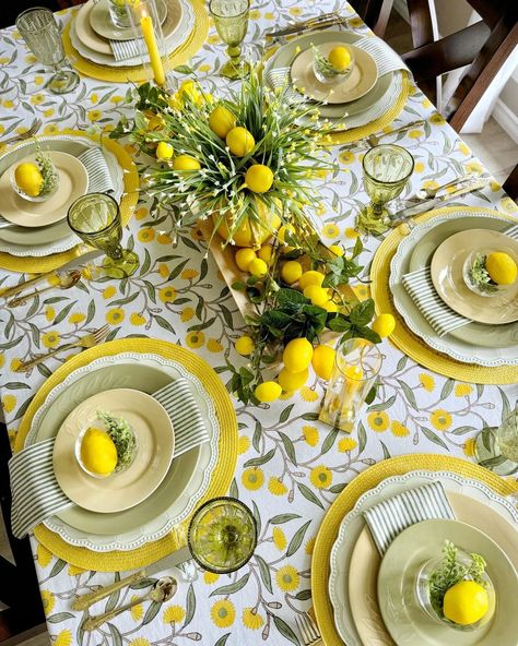 🌞💛 Happy first day of spring and a joyful Wattle Day to all! 🌼 🇦🇺 We're excited to present our vibrant spring and summer tablescape. While this isn’t a Wattle print, it beautifully captures the essence of the season with another cherished symbol of Australian spring and summer—the beloved yellow flowering gums. 💛💚 Designed with love and inspired by the bright, sunny blooms that light up our landscape, this piece brings the warmth of the season into your home. Wishing everyone a wonderful an... Lemon Table Decor, Udaipur Wedding, Citrus Theme, Lemon Theme, Summer Table Settings, Summertime Vibes, Entertaining At Home, Cottages And Bungalows, Summer Table