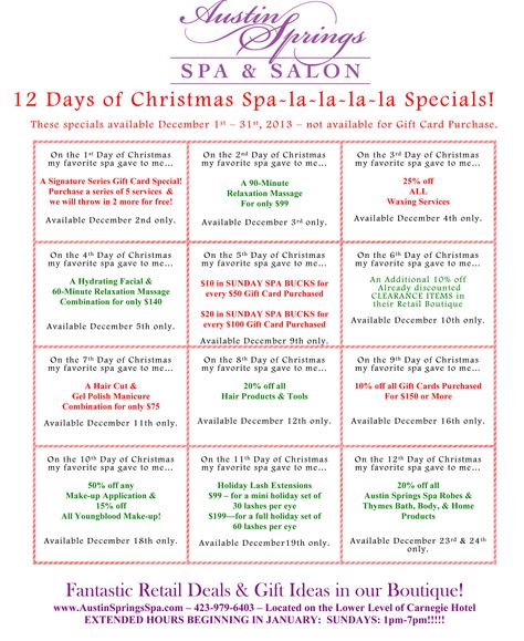 Thanksgiving Salon Specials, December Facial Specials, 12 Days Of Christmas Spa Specials, 12 Days Of Christmas Salon Promotion, 12 Days Of Christmas Esthetician, Esthetician Holiday Specials, Hair Specials Advertising, Christmas Salon, Salon Christmas